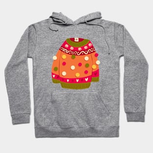 Cute vibrant hand drawn sweater with winter decoration and pom-poms. Colorful holiday vector illustration. Hoodie